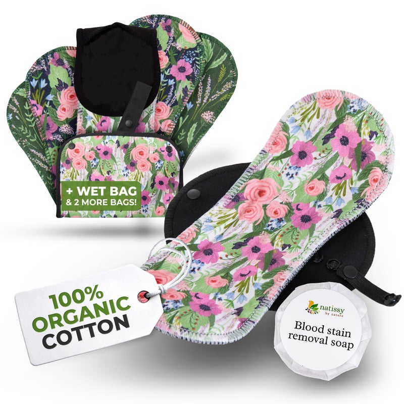 Organic Cotton Reusable Sanitary Pads for Light Flow (6 Pack S+M) - Leak Proof & Odour Free Cloth Pads for Women & Teens - High Temp Washable, Soft & Skin-Safe for All Day Period Comfort